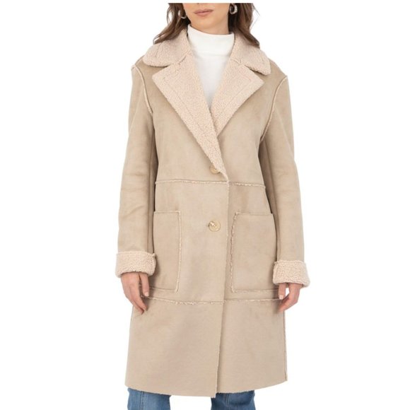 Frye Faux Shearling Suede Single Breasted Trench Coat in Natural size Large New! - Picture 1 of 4